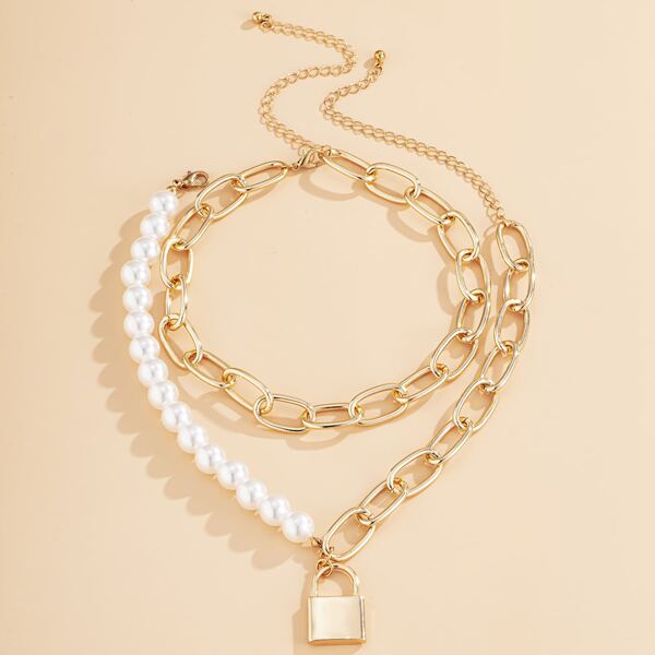 

2pcs Lock Pendant Necklace, Gold