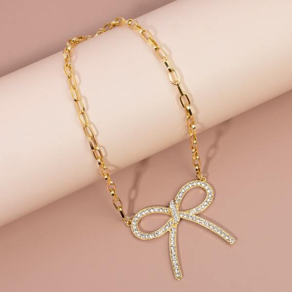 

Rhinestone Bow Pendant Necklace, Gold
