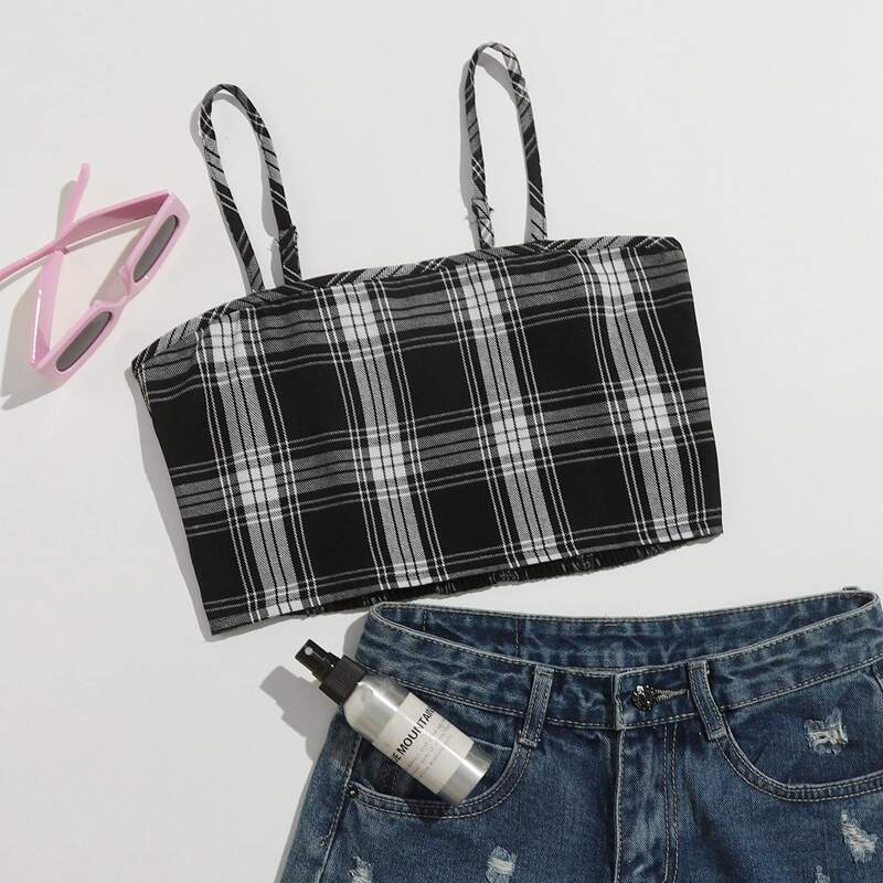 

Plaid Crop Cami Top, Black and white