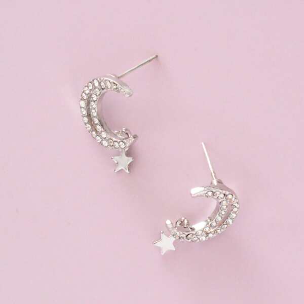 

Rhinestone Decor Moon & Star Decor Earrings, Silver