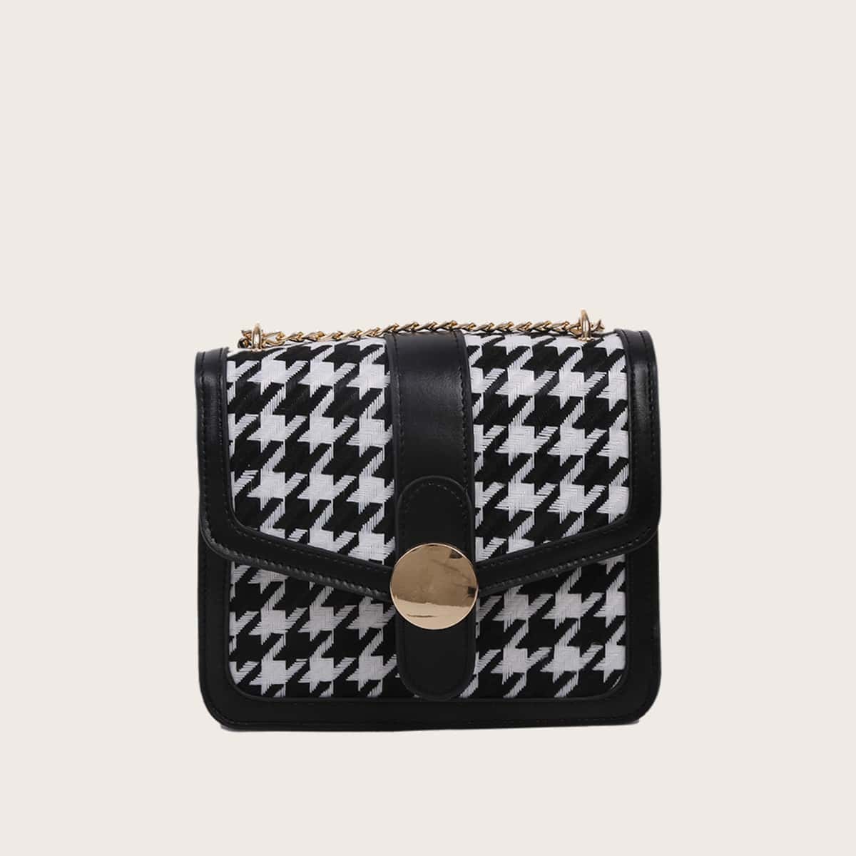 

Houndstooth Chain Crossbody Bag, Black