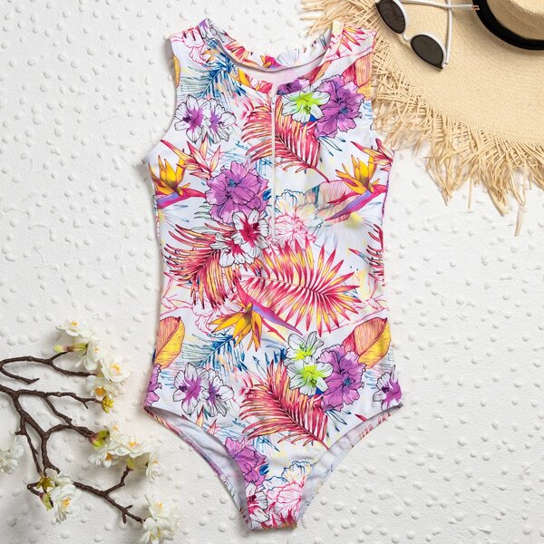 

Floral & Tropical Zip Front One Piece Swimsuit, Multicolor