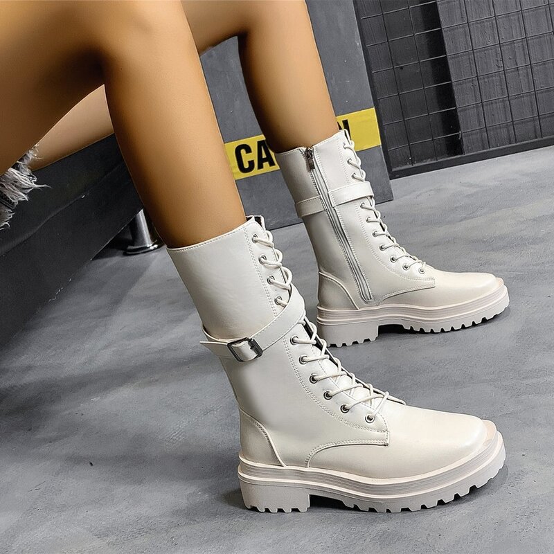 

Buckle Decor Combat Boots, Beige