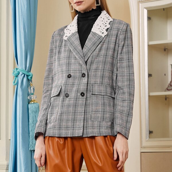 

Schiffy Shawl Collar Flap Pocket Plaid Blazer, Grey