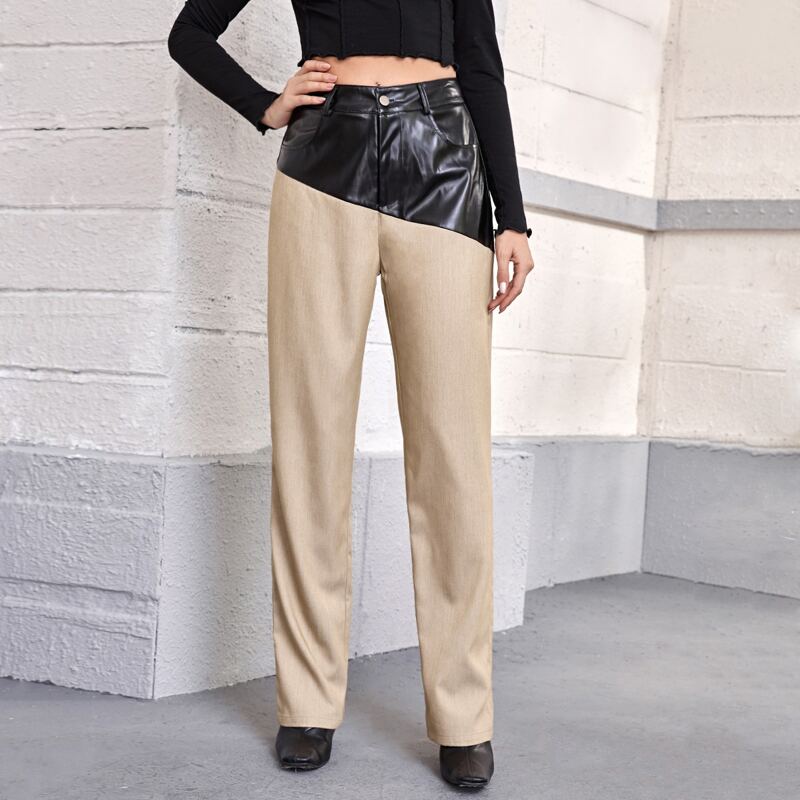 

Slant Pocket Colorblock PU Leather Pants, Khaki