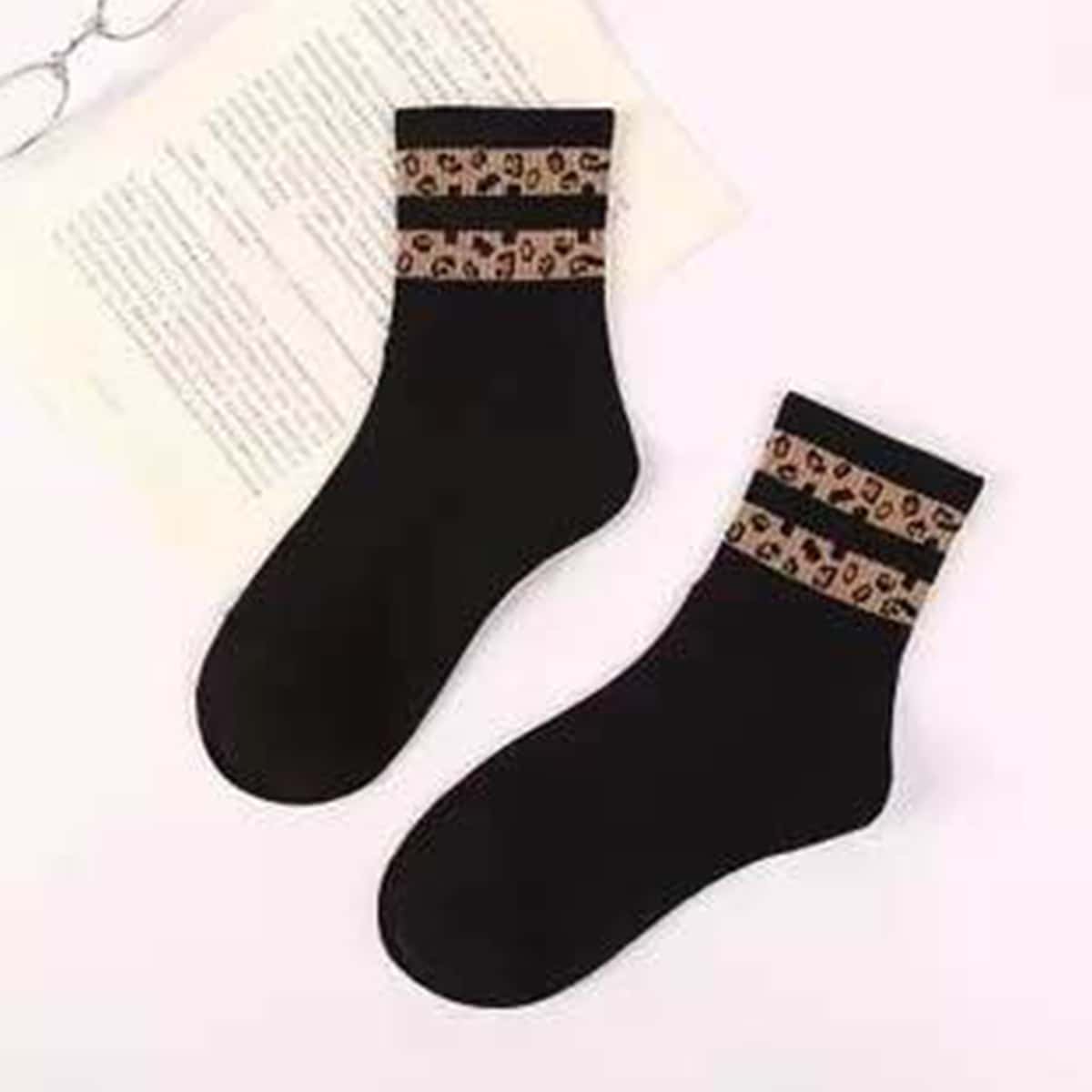 

Leopard Crew Socks, Black