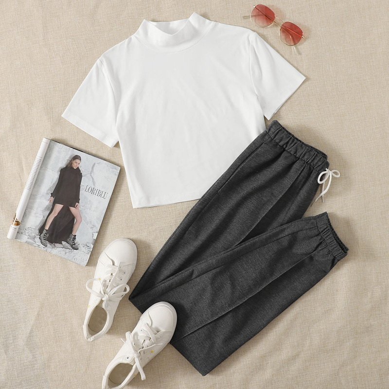 

Solid Mock Neck Crop Tee & Sweatpants, Multicolor
