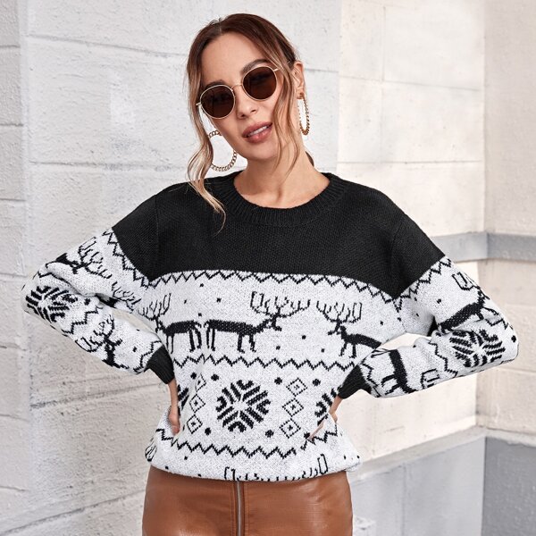 

Drop Shoulder Christmas Pattern Sweater, Black and white