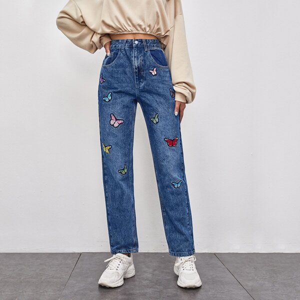 

Slant Pocket Butterfly Embroidered Straight Jeans, Medium wash