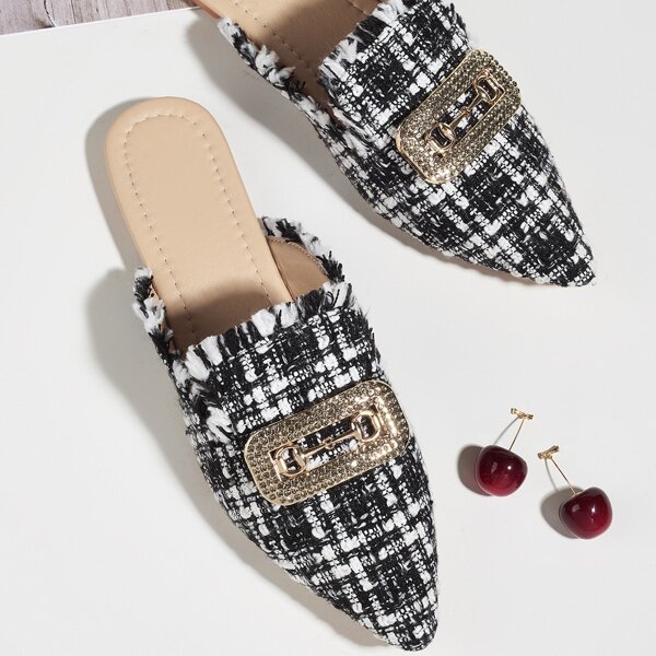 

Rhinestone Decor Tweed Flat Mules, Black and white