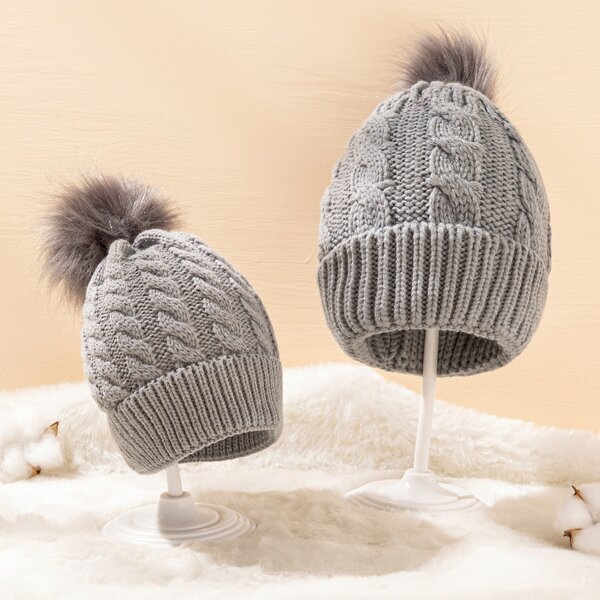 

2pcs Parent Baby Pom Pom Beanie, Grey