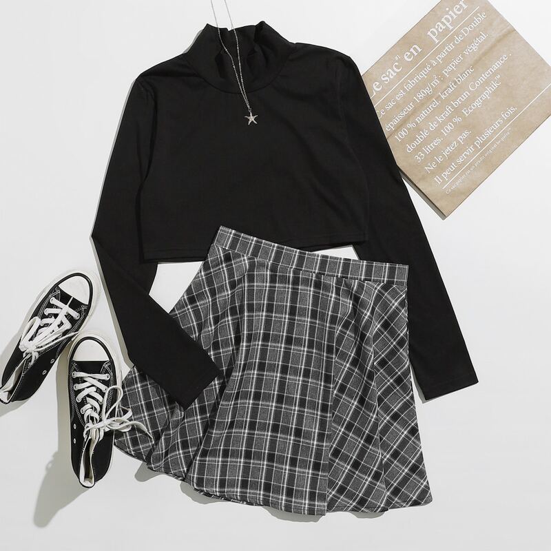 

Mock Neck Solid Tee & Plaid Skirt, Multicolor