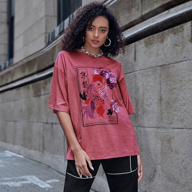 

Letter Fish & Flower Graphic Oversized Tee, Watermelon pink