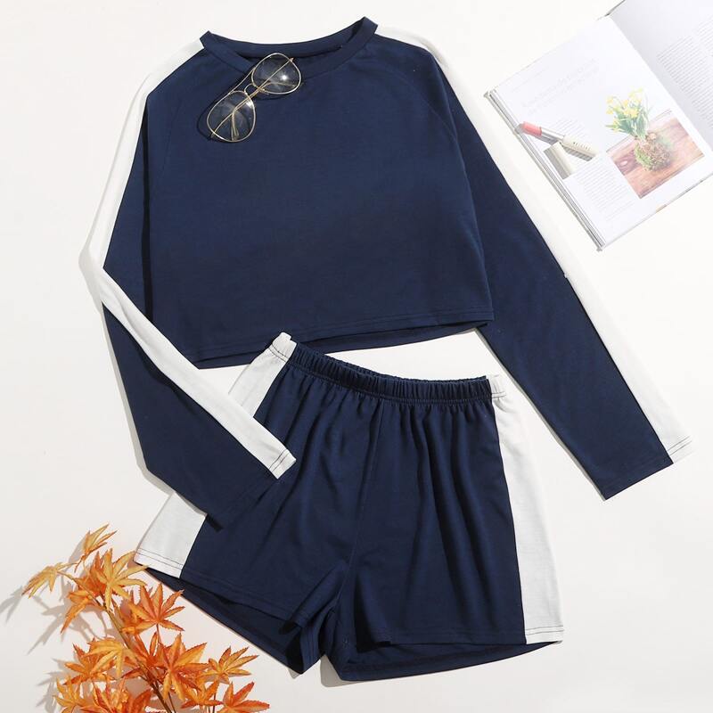 

Contrast Tape Side Lounge Set, Navy blue