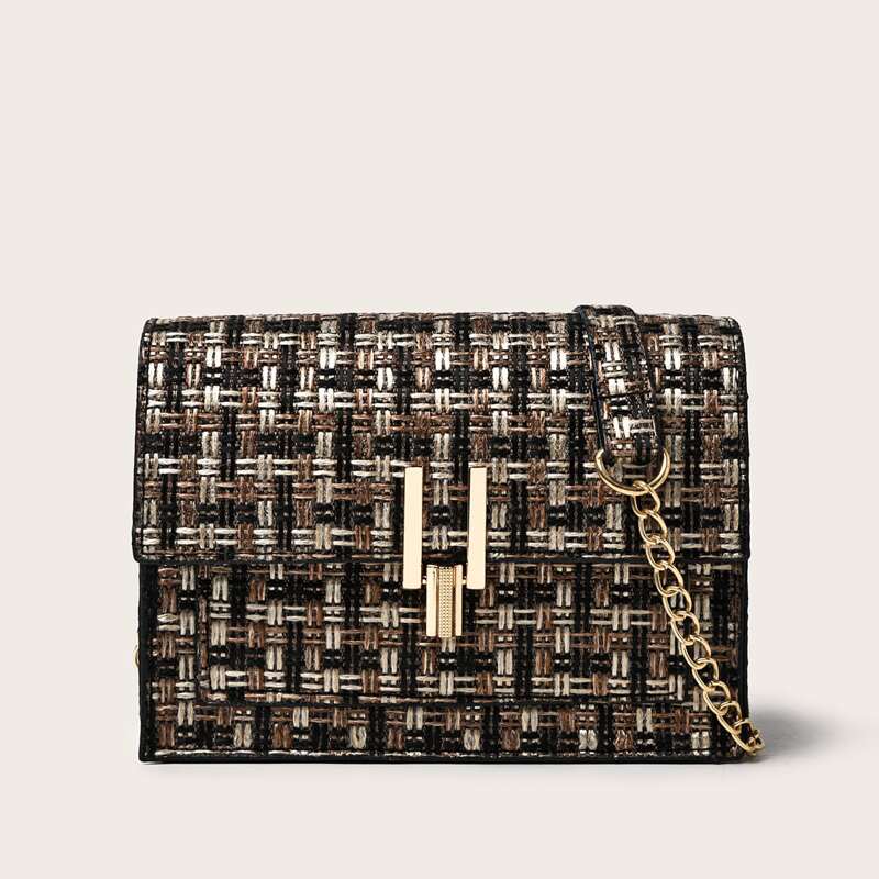 

Tweed Chain Crossbody Bag, Brown