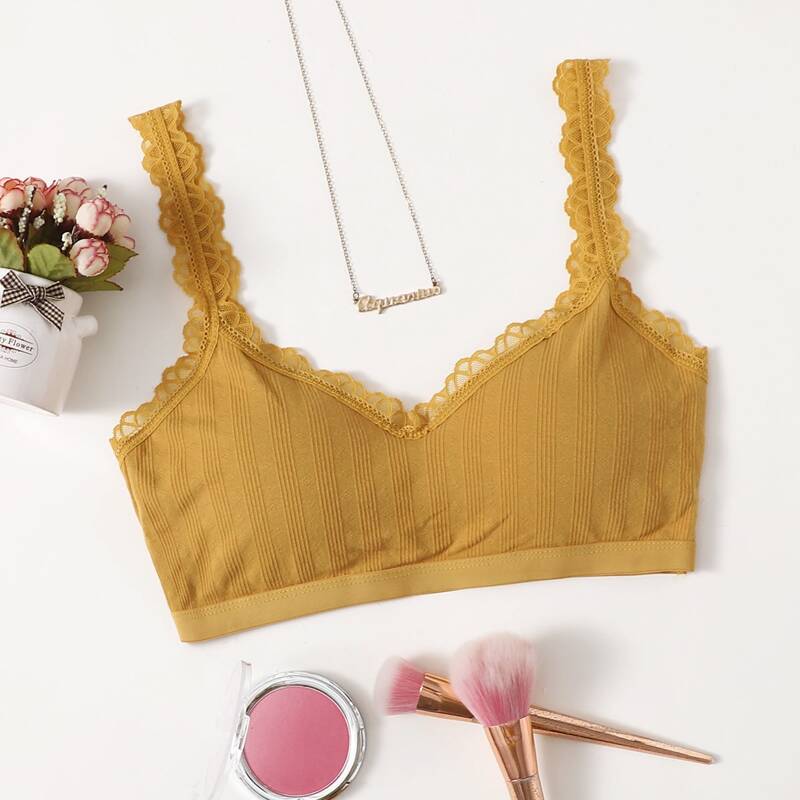 

Solid Lace Trim Bralette, Mustard yellow