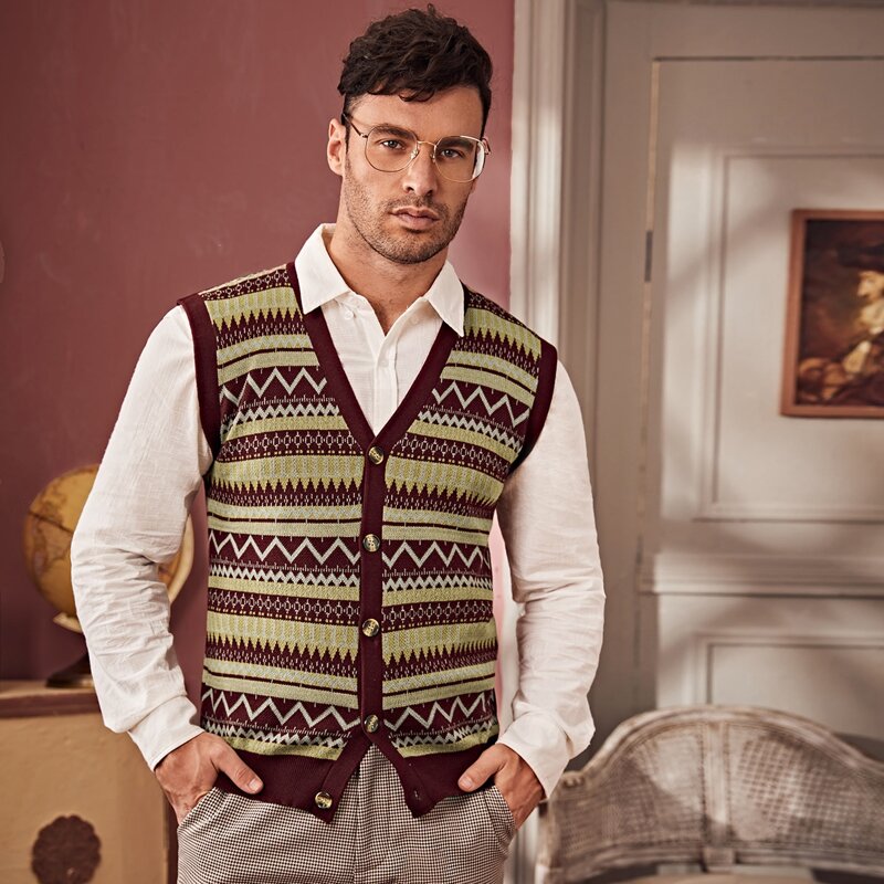 

Men Geo Pattern Sleeveless Cardigan, Multicolor