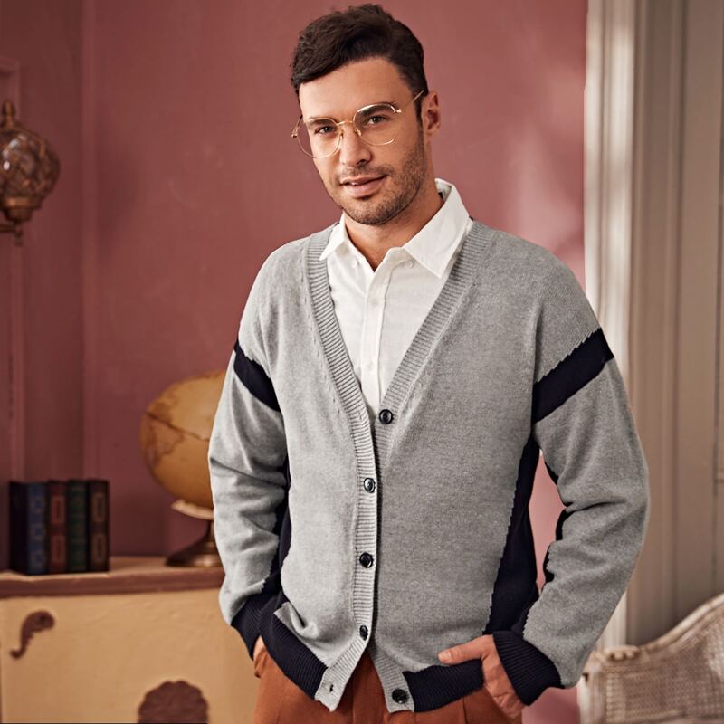 

Guys Contrast Panel Button Front Cardigan, Grey