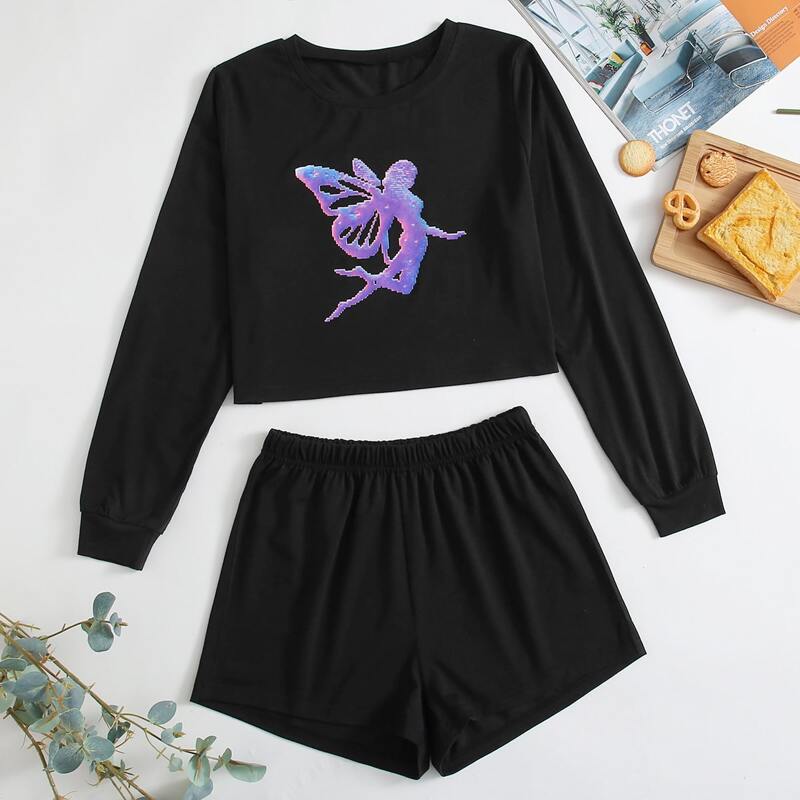 

Butterfly Print PJ Set, Black