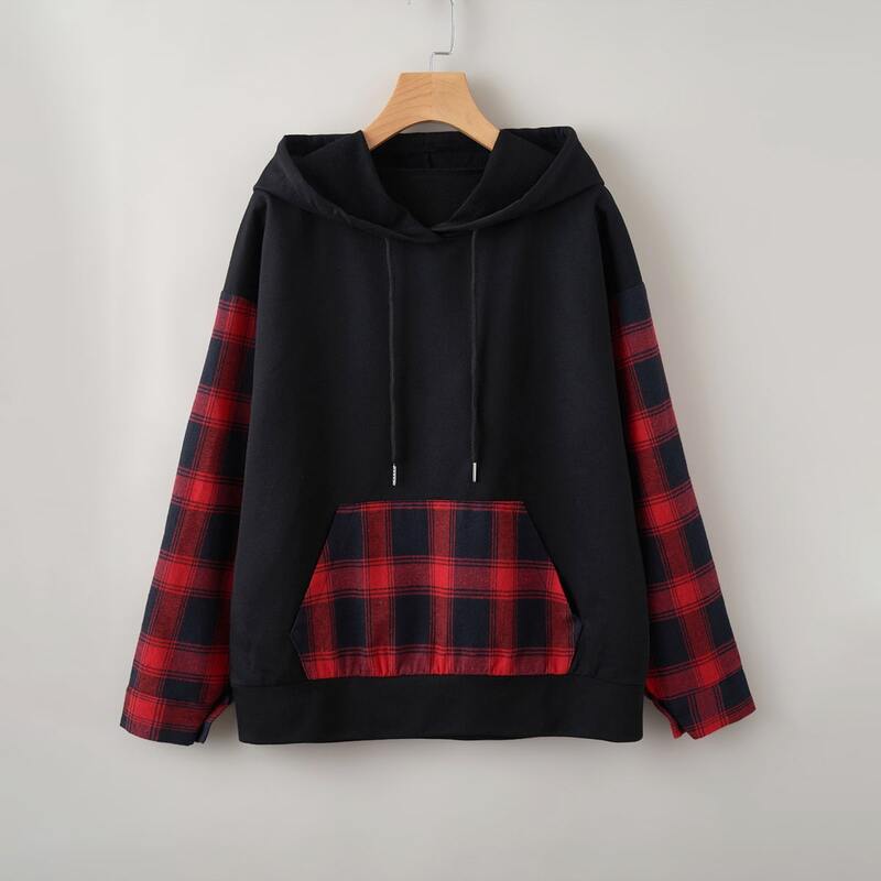 

Contrast Plaid Drawstring Hoodie, Multicolor