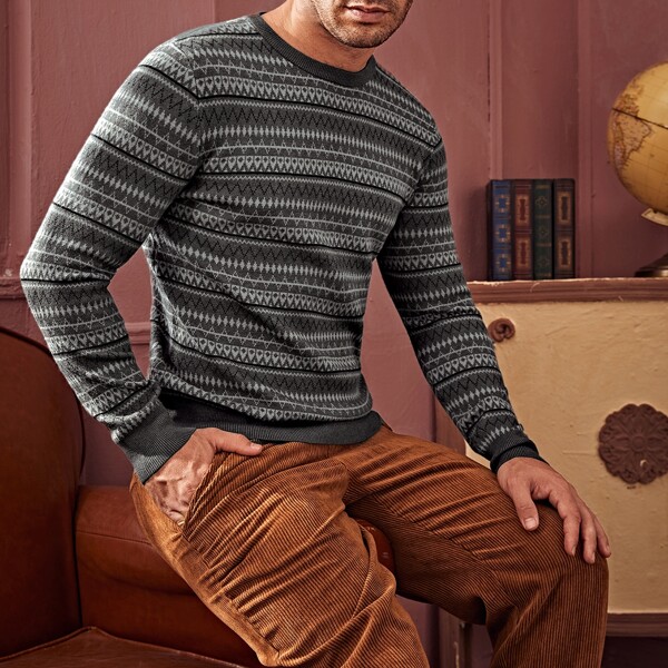 

Men Geo Pattern Crew Neck Sweater, Dark grey