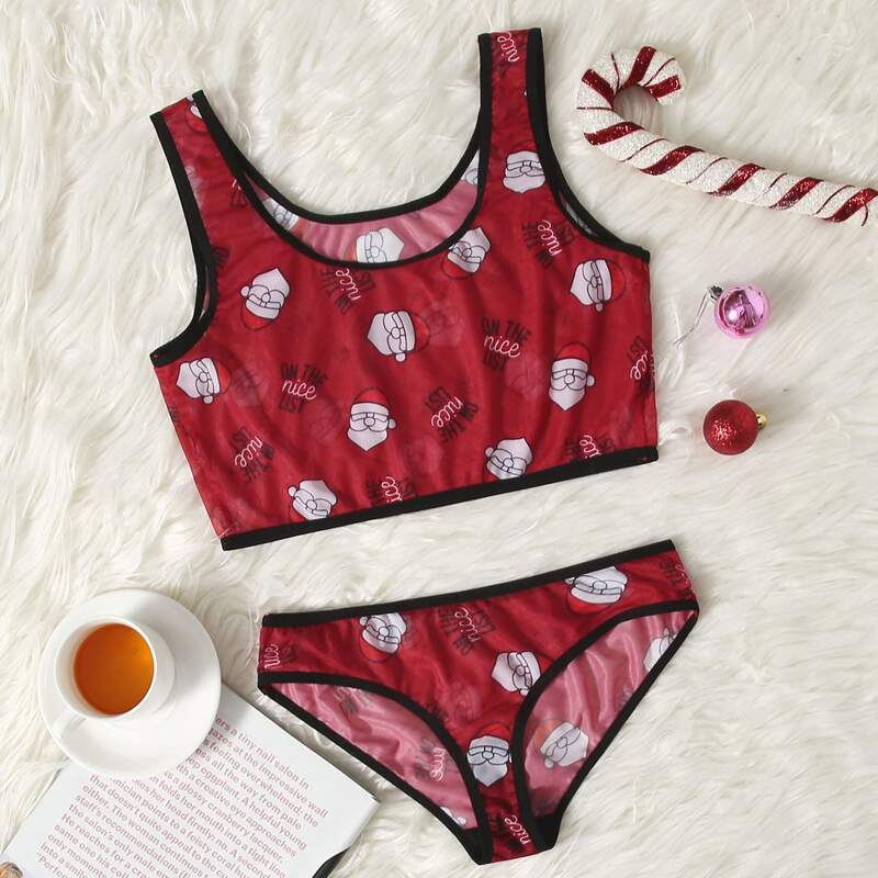

Christmas Satan Claus Print Mesh Sheer Lingerie Set, Red