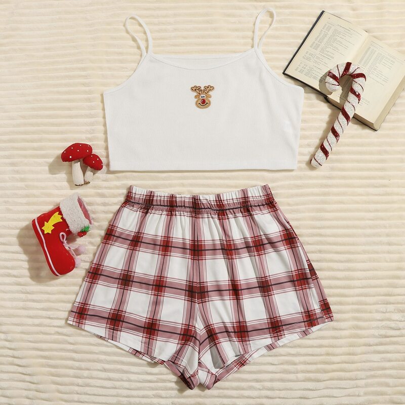 

Christmas Deer Plaid Print Shorts PJ Set, Multicolor