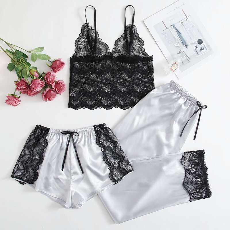 

3pack Contrast Lace Lingerie Set, Silver