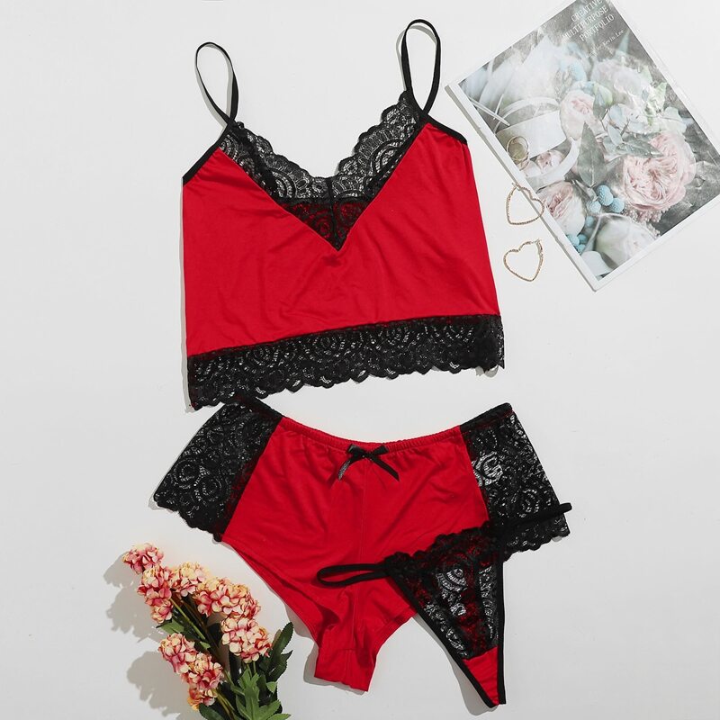 

3pack Lace Trim Lingerie Set, Red