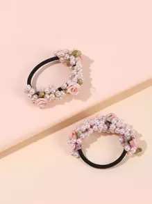2个玫瑰花和仿珍珠发圈，甜美女孩风格绿叶珠子和仿珍珠发圈，迷人乡村风花朵食人鱼发圈，沙滩装扮，沙滩发饰，沙滩度假马尾辫发圈，发绳，弹性发圈，发圈，头饰