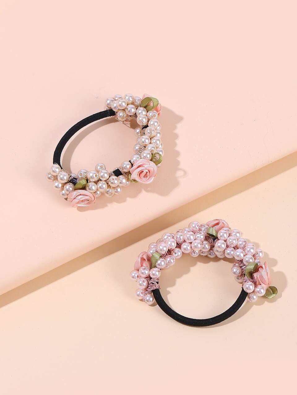 2pcs Rose Flower & Faux Pearl Hair Ties, Sweet Girl Style Green Leaf & Beads & Faux Pearl Hair Ties, Charming Rural Style Flower Piranha ,Beach Outfit,Beach Hair Floral Accessories,Beach Vacation Ponytail Holders Hair Elastics Hair Rubber Bands Scrunchies Hair Rope Elastic Hair Tie, Hair Bobbles Head Accessories Elastic Band Beauty Home Hair Accessories