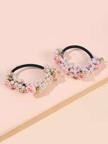 2个玫瑰花和仿珍珠发圈，甜美女孩风格绿叶珠子和仿珍珠发圈，迷人乡村风花朵食人鱼发圈，沙滩装扮，沙滩发饰，沙滩度假马尾辫发圈，发绳，弹性发圈，发圈，头饰