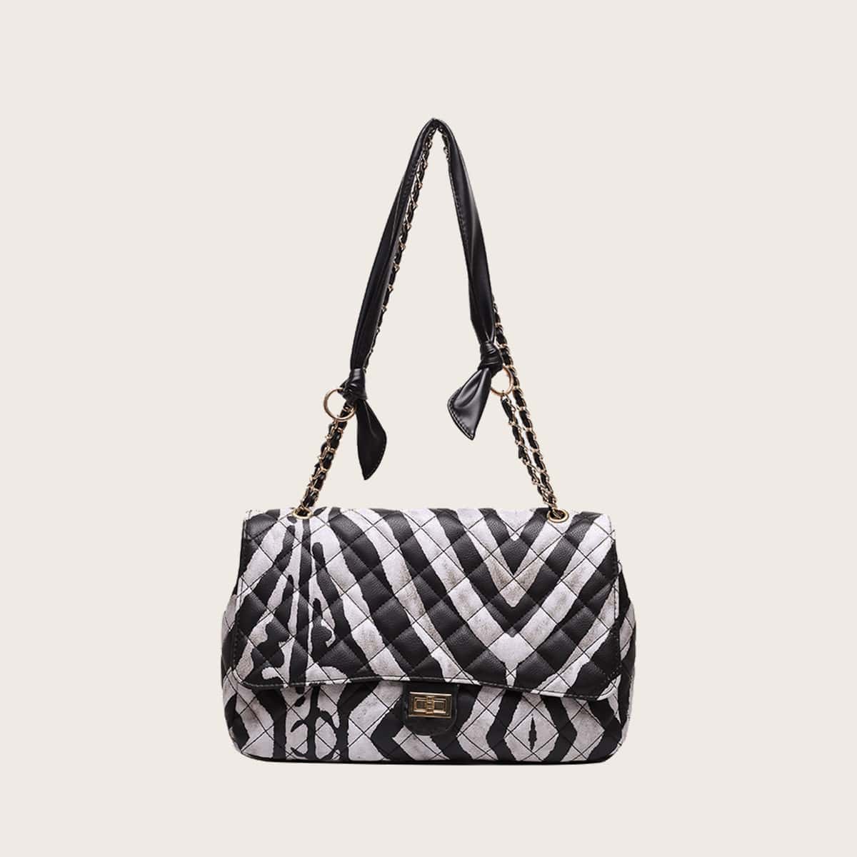 

Zebra Striped Quilted Crossbody Bag, Black and white