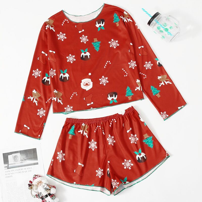 

Christmas Snowflake Print Shorts PJ Set, Red