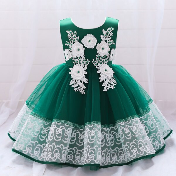 

Toddler Girls Pearls Appliques Mesh Panel Gown Dress, Green