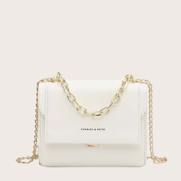 

Letter Graphic Flap Satchel Bag, White