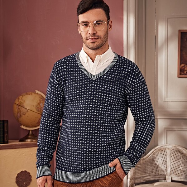 

Men Allover Pattern V-Neck Sweater, Navy blue