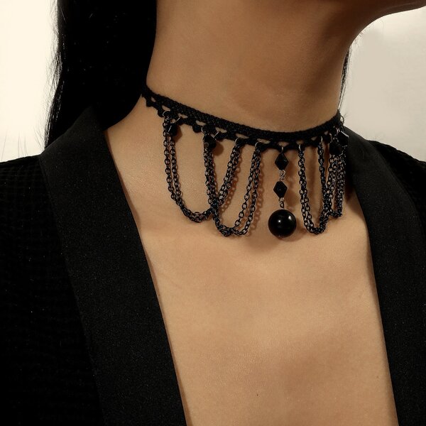 

Chain Decor Bead Pendant Necklace, Black
