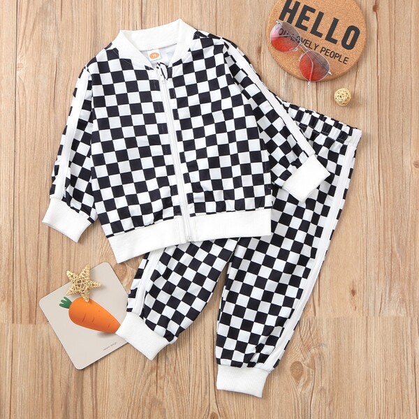 

Toddler Boys Checkerboard Side Stripe Jacket With Joggers, Black and white