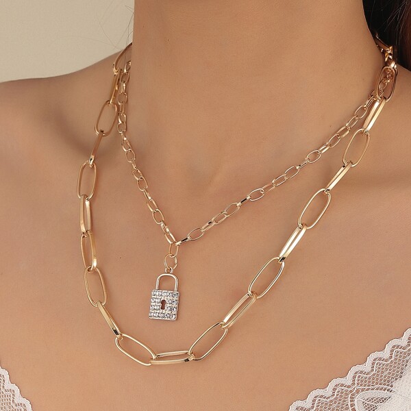 

Rhinestone Lock Pendant Necklace, Gold