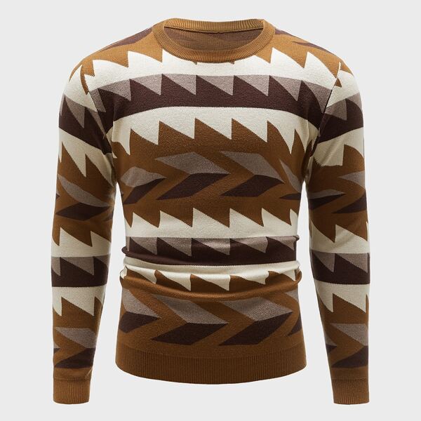 

Men Allover Geo Pattern Sweater, Brown