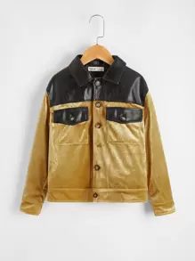 SHEIN 男孩落肩PU面翻蓋口袋天鵝絨夾克 - 金色 - 查看 1