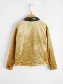 SHEIN 男孩落肩PU面翻蓋口袋天鵝絨夾克 - 金色 - 查看 2