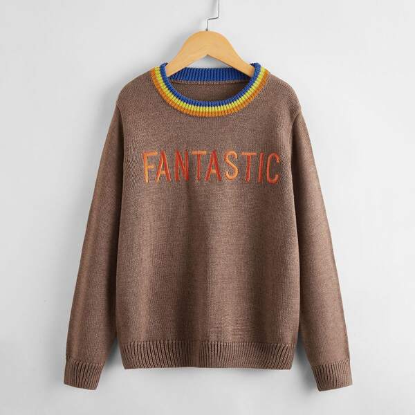 

Boys Contrast Striped Neck Embroidery Letter Sweater, Coffee brown