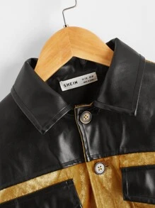 SHEIN 男孩落肩PU面翻蓋口袋天鵝絨夾克 - 金色 - 查看 4