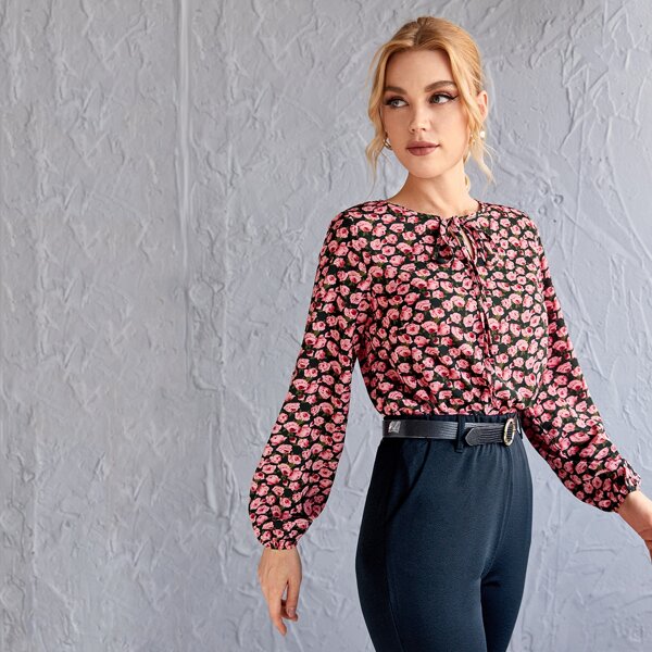 

Tie Neck Allover Floral Print Top, Pink