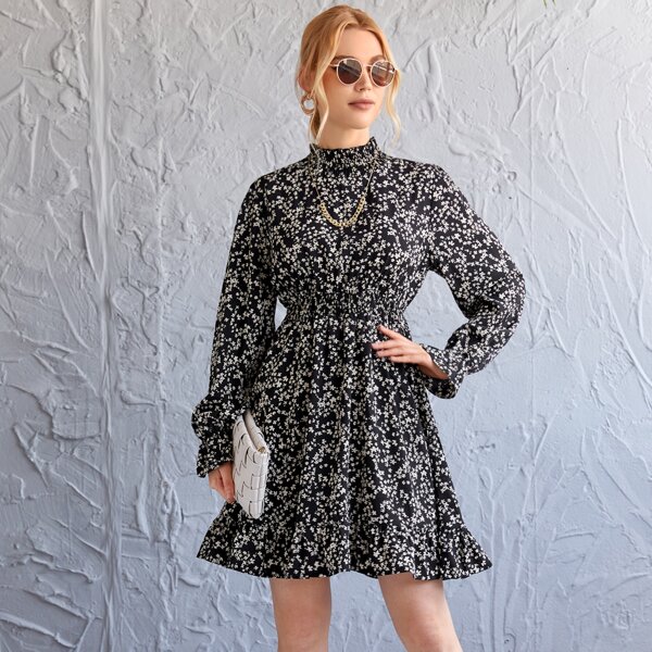 

Shirred Neck & Waist Ditsy Floral Dress, Black