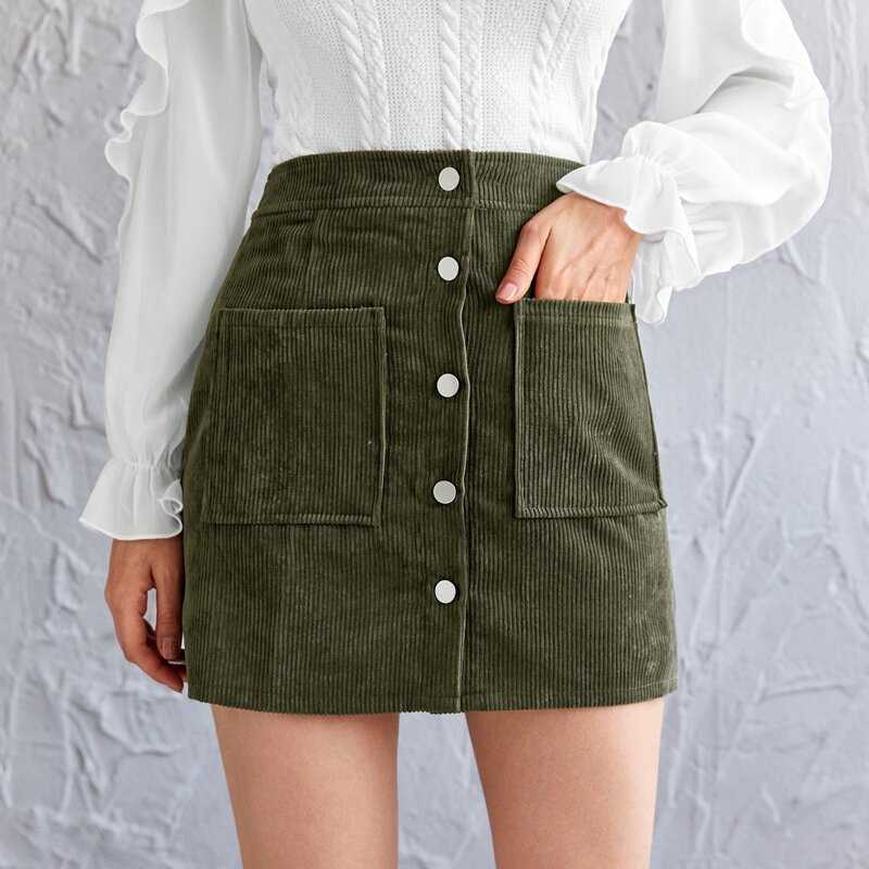 

Button Front Patch Pocket Cord Skirt, Army green