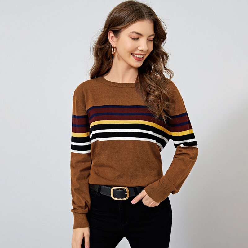 

Striped Colorblock Sweater, Brown