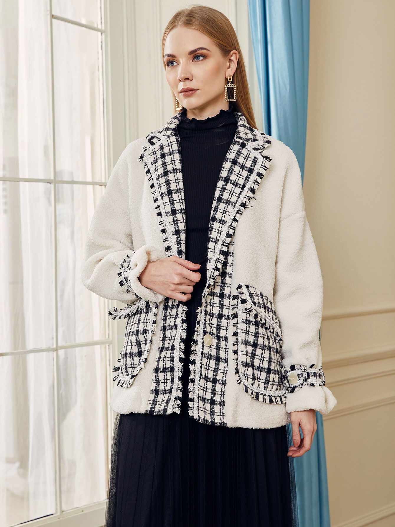 Notched Collar Frayed Trim Pocket Front Teddy Coat thumbnail